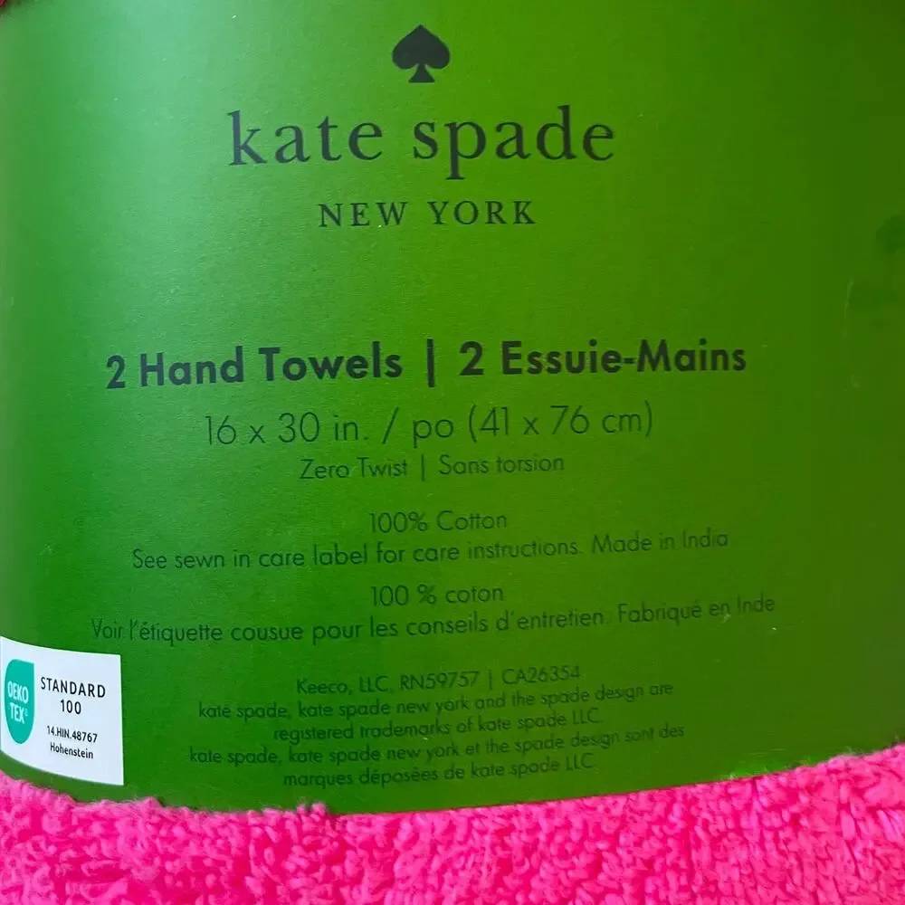 KATE SPADE NY Hot Pink Cotton Hand Towels 16X30 Set of 2 NEW